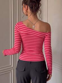 Women's Rose Pink Striped Cold Shoulder Top, Square Neck Long Sleeve Fitted Cropped Blouse, Sexy Casual Outing Style, Suitable For Party, Nightclub, Y2K Streetwear - Pink Stripes - View 3
