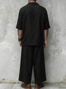 GOLDREDY Zen Slouchy Men's 2 Pieces Set, Asymmetrical Slanted Collar Short Sleeve Top And Loose Wide Leg Pants - Black - View 4