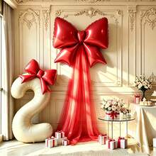 Red Bow Milk White Number Balloon 0-9, Red Chiffon Bow Balloon, Used For Bridal Shower, Anniversary, Birthday Decoration, Photo Props, Valentine's Day, Theme Party - Red Bow Cream Number Balloon - View 3