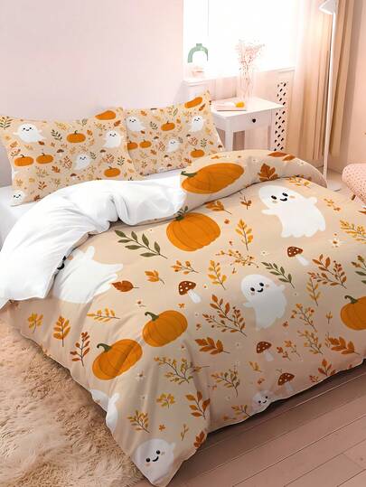 3-Piece Autumn Cartoon Ghost & Pumpkin Digital Print Bedding Set (1 Duvet Cover + 2 Pillowcases, Duvet & Pillow Inserts Not Included), Polyester Fabric With High-Definition Digital Printing, Featuring Cute Smiling White Ghost, Orange Pumpkin, Autumn Leaves, Daisy, Cartoon Mushroom Fresh Autumn Elements, Soft Skin-Friendly Breathable, Vintage Pastoral Halloween & Thanksgiving Theme Bedding Set, Creates Warm Autumn Home Atmosphere, Suitable For All Seasons, Equipped With Hidden Zipper & Duvet Corner Ties, Ideal For Bedroom, Dorm, Guest Room, Hotel Soft Decoration