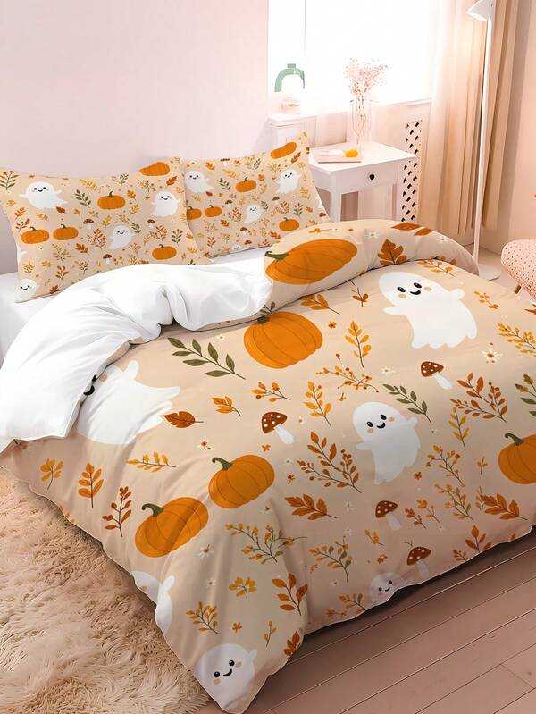 3-Piece Autumn Cartoon Ghost & Pumpkin Digital Print Bedding Set (1 Duvet Cover + 2 Pillowcases, Duvet & Pillow Inserts Not Included), Polyester Fabric With High-Definition Digital Printing, Featuring Cute Smiling White Ghost, Orange Pumpkin, Autumn Leaves, Daisy, Cartoon Mushroom Fresh Autumn Elements, Soft Skin-Friendly Breathable, Vintage Pastoral Halloween & Thanksgiving Theme Bedding Set, Creates Warm Autumn Home Atmosphere, Suitable For All Seasons, Equipped With Hidden Zipper & Duvet Corner Ties, Ideal For Bedroom, Dorm, Guest Room, Hotel Soft Decoration