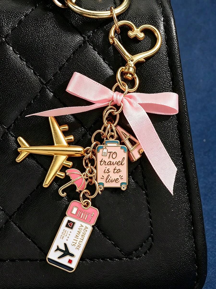 Travel Keychain,Bag Charm,Airplane Charm, Suitcase Ornament,Heart Clasp Keyring, Ribbon Decor, Alloy Pendant, Handbag Accessory,Fashion Ornament Gift - Multicolor - View 1