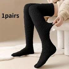 1 par de calcetines largos por encima de la rodilla de felpa de coral para mujer, calentadores de rodilla de felpa gruesa, esponjosos & cálidos, suaves & delicados, calcetines largos esenciales para el hogar en otoño/invierno - Multicolor - Ver 9