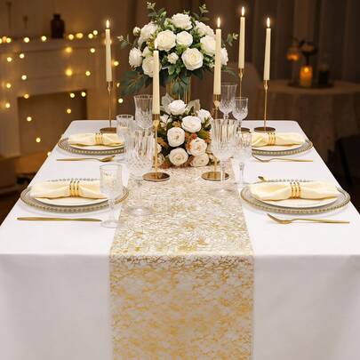 1pc Gold Glitter Table Runner, 11"X10FT Sparkly Sheer Mesh Table Runner Roll, Hollowed Out Shimmer Decor For Wedding, Bridal Shower, Christmas, Thanksgiving, Birthday Party