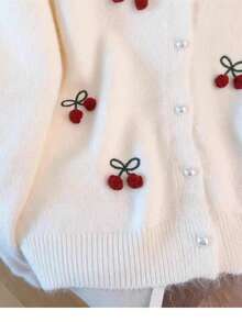 Cherry Embroidered Soft Knit Cardigan Sweater, New Loose Fit Slimming Versatile Knitwear For Women - White - View 7