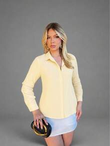 Women's Long Sleeve Solid Button-Down Shirt - 奶油黃 - 查看 2