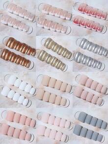 288片（12色）短款長方形純色穿戴式美甲貼片，棕色、淺棕色、卡其色、駱駝色，短款壓克力假指甲套組，適合女性與女孩日常工作、假日派對及其他場合使用 - 彩色 - 查看 2