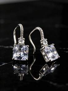 Diamond-Studded Square-Shaped Earrings With Hook Backs - Versatile And Stylish Earrings For Daily Commuting And Creating An Elegant Atmosphere - Silver - View 3