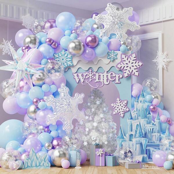Kit de arco de globos de 126 piezas Winter Wonderland con copos de nieve, globos azules y morados, guirnalda, globos de estrella de papel de aluminio iridiscentes con efecto explosión de hielo y nieve, para decoración de fiesta de cumpleaños, baby shower y fiesta de Navidad