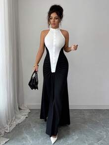 Women Black White Halter Maxi Dress, Color Block Ruched Pearl Button Summer Fall Back To School Y2K Formal Slim Dress - Black - View 6