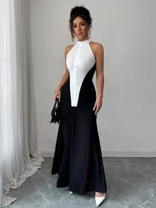 Women Black White Halter Maxi Dress, Color Block Ruched Pearl Button Summer Fall Back To School Y2K Formal Slim Dress - Black - View 4