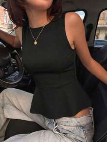 Women's New Spring Solid Color Sleeveless Umbrella Hem Tank Top, Vacation Beach, Daily, Holiday, Date, Evening, Casual, Commute Black Summer - Black - View 2