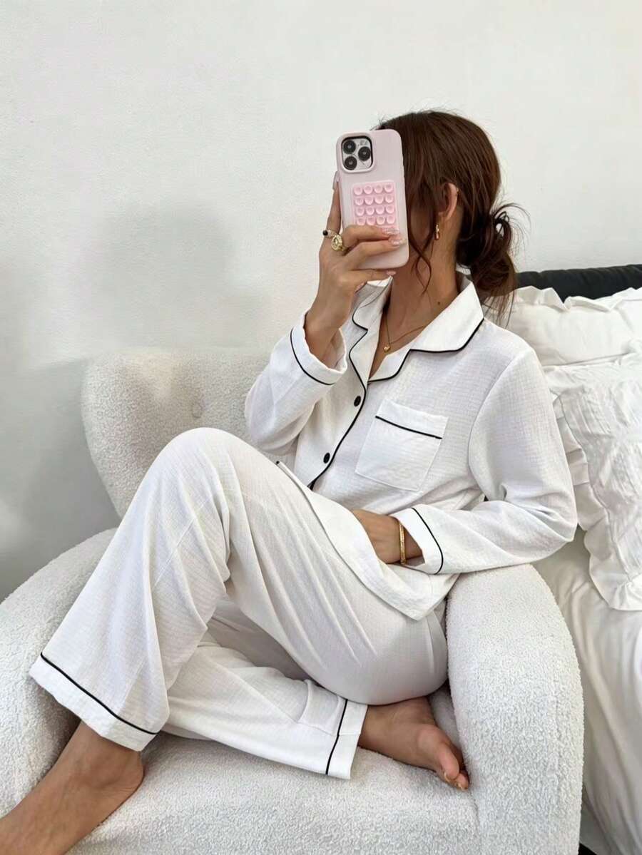 Solid Color Summer Women's Bubble Crinkle Print Pajama Set - Short Sleeve Button Collar Top And Pants, Soft Pajamas, Machine Washable, Wearable Long Sleeve Long Pants Pajama Set For Women - White - View 1