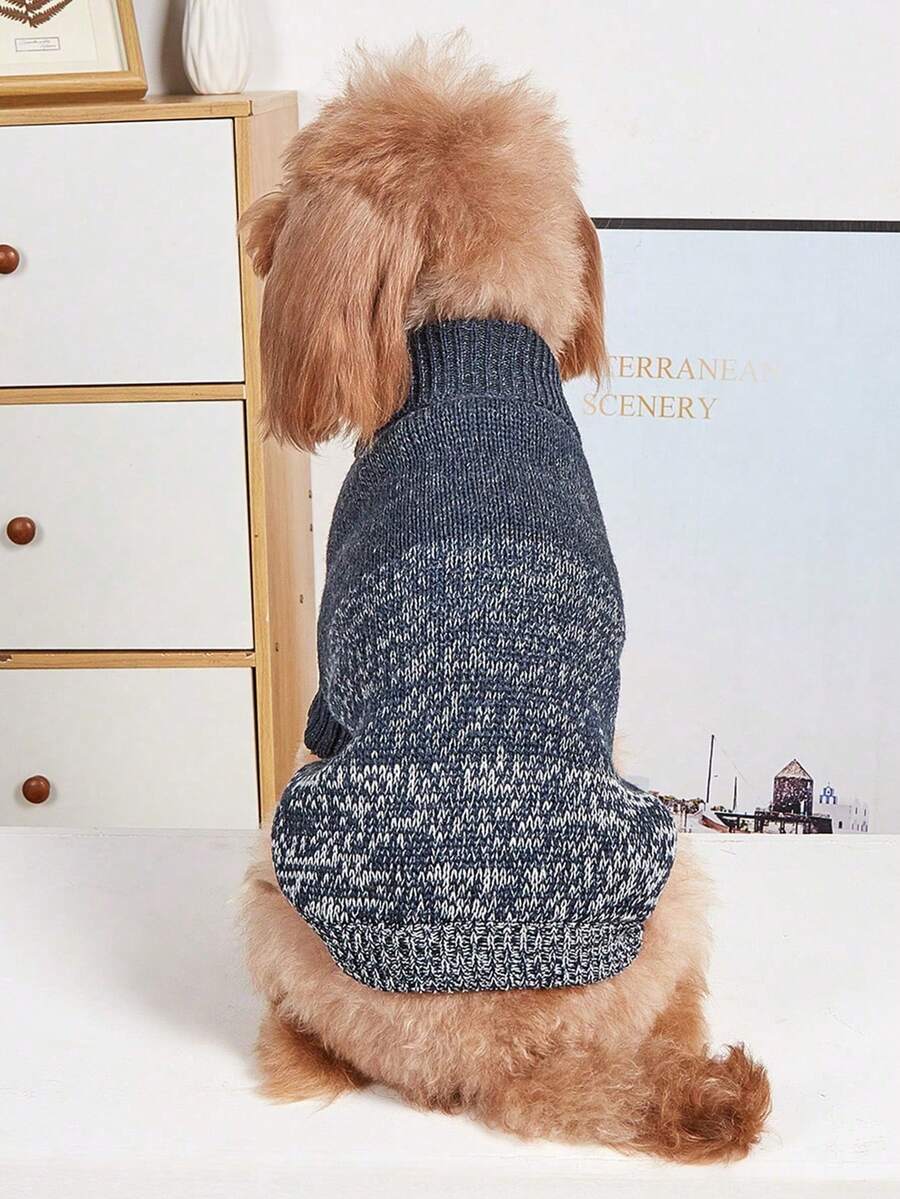 1pc Autumn/Winter Pet Sweater, Knitted Elastic Turn-Down Collar Design, Warm Soft Colorful Gradient Dog & Cat Clothing - Navy Blue - View 1