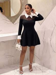 RNU Women's Plus Size Elegant Black Long Sleeve Dress, Sheer Mesh Patchwork Knit High Elastic, For Party, Night Date & Gathering, Fashion Versatile - Black - View 5