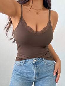 Plus Size Ribbed Lace V-Neck Tank Top, Adjustable Strap Cami, Soft Fabric, Versatile Camisole For Back To School Daily Wear & Under Outfits - Coffee Brown - View 5