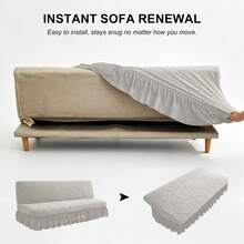 Sofa Bed Cover With Ruffle Hem, Elastic Jacquard Large Leaf Pattern One-Piece Stretch Sofa Cover, Machine Washable Living Room Furniture Protector - Light Grey - View 4