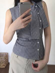 Korean Style Retro Plaid Bow Tie Cinched Waist Pleated Design Sleeveless Tank Top Casual Summer - Blue - View 7