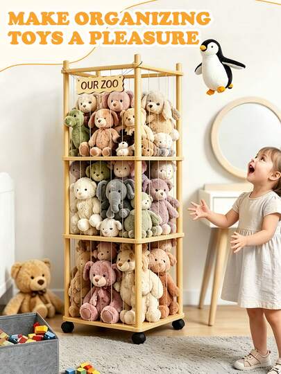 Stuffed Animal Storage, 3 Tier Large Capacity Natural Wooden Toy Organizer With Wheels, Sturdy & Easy Assembly, For Nursery, Playroom & Bedroom