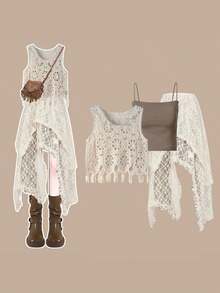Summer Bohemian Style Dress 2026 Trending Summer Outfit Full Set Maillard Skirt And Pants Women's Casual Set, 2026 New Arrival, Women's Set - Fringe Cardigan + Brown Vest + Lace Skirt - View 1