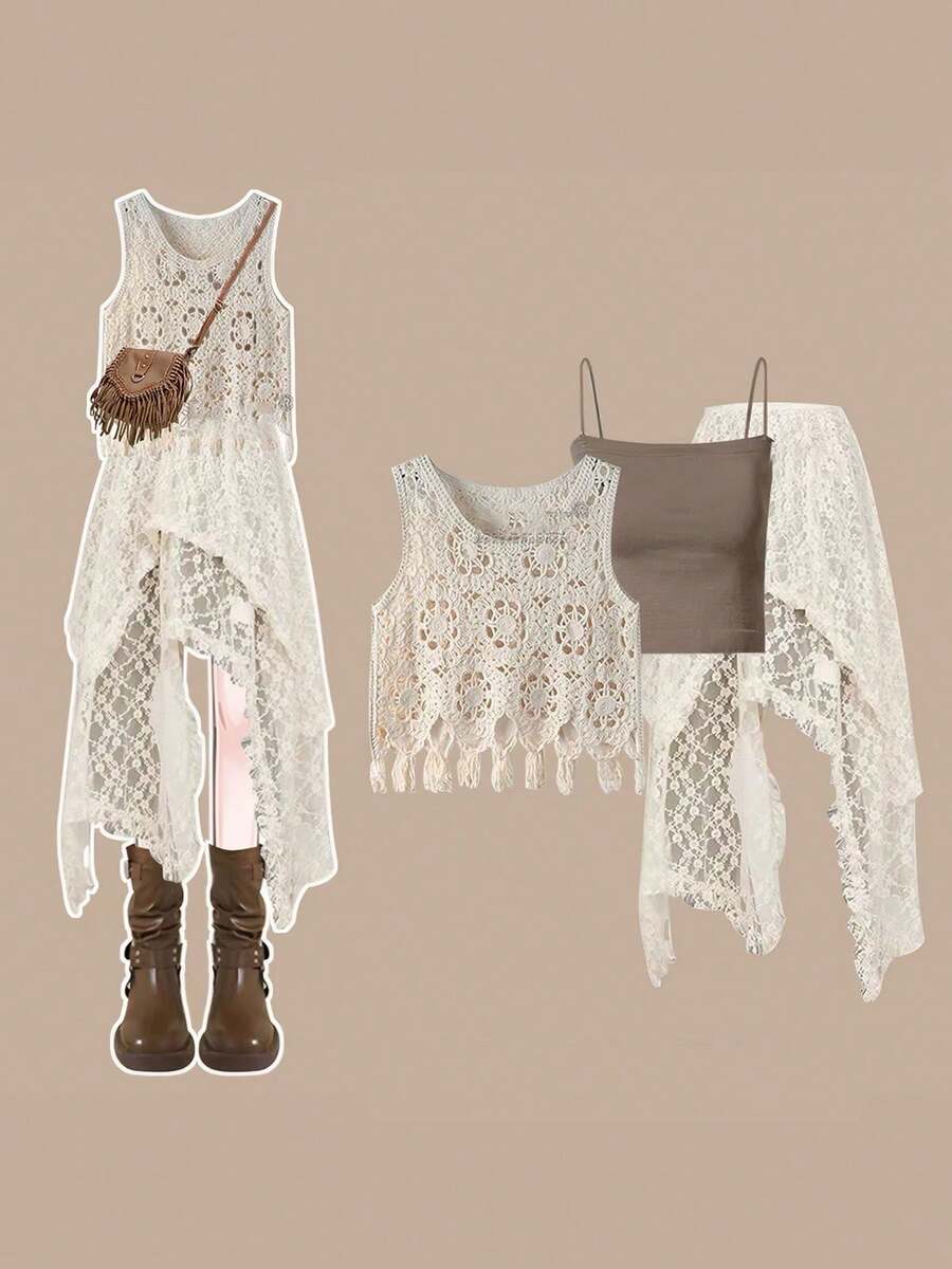 Summer Bohemian Style Dress 2026 Trending Summer Outfit Full Set Maillard Skirt And Pants Women's Casual Set, 2026 New Arrival, Women's Set - Fringe Cardigan + Brown Vest + Lace Skirt - View 1