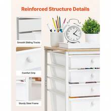 Rolling Cart With Drawers, 5 Drawer Storage Organizer, Mobile Utility Cart With Wood Top, Steel Frame, Universal Casters & 2 Bra - White - View 7