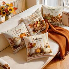 4pcs/1pc Autumn Dessert Fruit & Vegetable Plaid Pattern Pillow Case, Single-Sided Printed Pillow Case, Suitable For Living Room, Bedroom, Home Decor, All-Season Pillow Case - Multicolor 02 - View 9