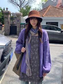 Women's Loose Knit Cardigan Sweater Jacket, Solid Color Versatile Long Sleeve Top, Slouchy, Spring/Autumn Fall - Purple - View 3