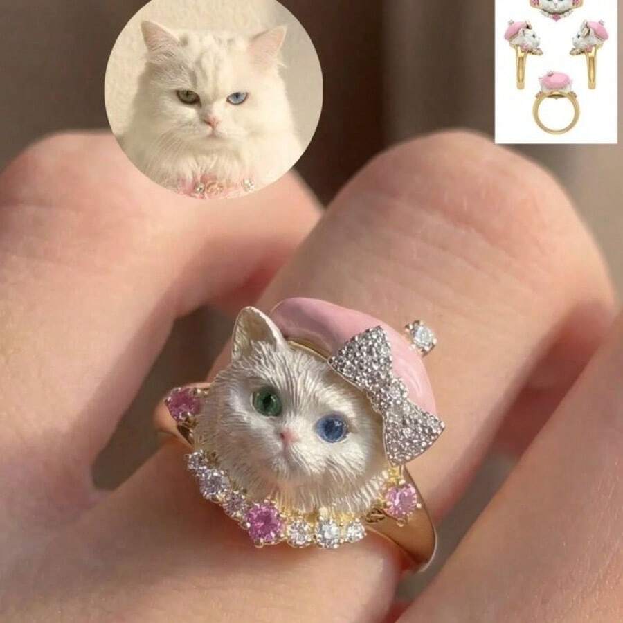 1pc Fashion Sweet & Cool Pink Gold Odd-Eyed Cat Bow Beret Open Ring, Unisex Personalized Versatile Decorative Index Finger Ring, Niche Gift For Cat Lovers And Pet Owners - Gold - View 1