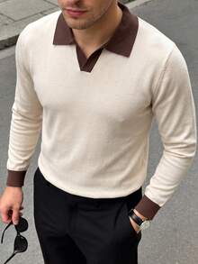 Men's Autumn/Winter Minimalist Solid Color Contrast Fashion Casual Turn-Down Collar Long Sleeve Sweater - Apricot - View 1