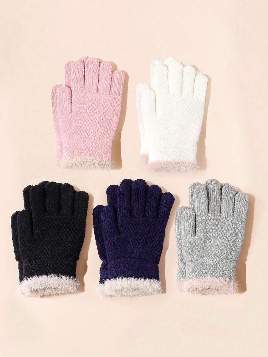 1 Pair Children's Plush Trim Textured Knit Gloves, Elastic Cuff Full ...