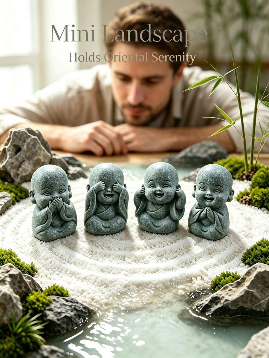 Mini Figura de Monge Buda, Decoração de Mesa Zen, Artesanato em Arenito, Pet de Chá Chinês, Decoração Oriental para Casa, Pequena Estátua para Alívio do Estresse, Presente Espiritual, Decoração de Paisagem Micro Bonsai, Pet de Chá Monge Esculpido em Pedra Zen - 1 peça - Visão 1