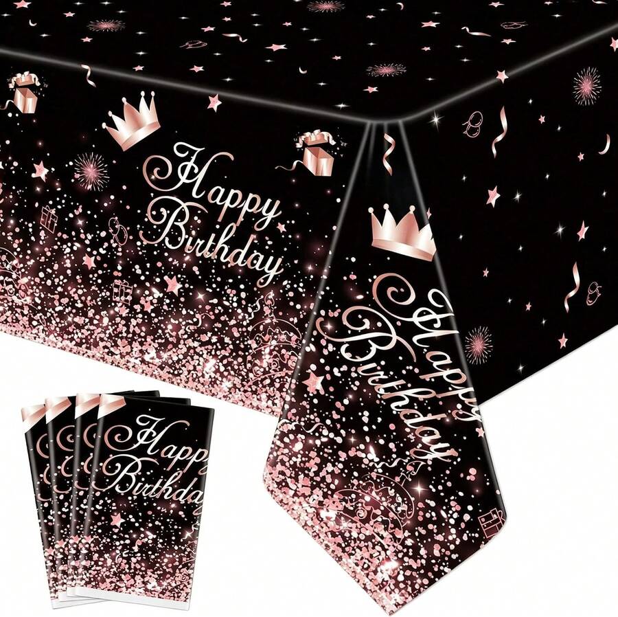 Inspireyee Black Rose Gold Plastic Tablecloth (Pack Of 4), 86 X 51 Inches Black Rose Gold Glitter Party Tablecovers For Happy Birthday Decorations - White - View 1