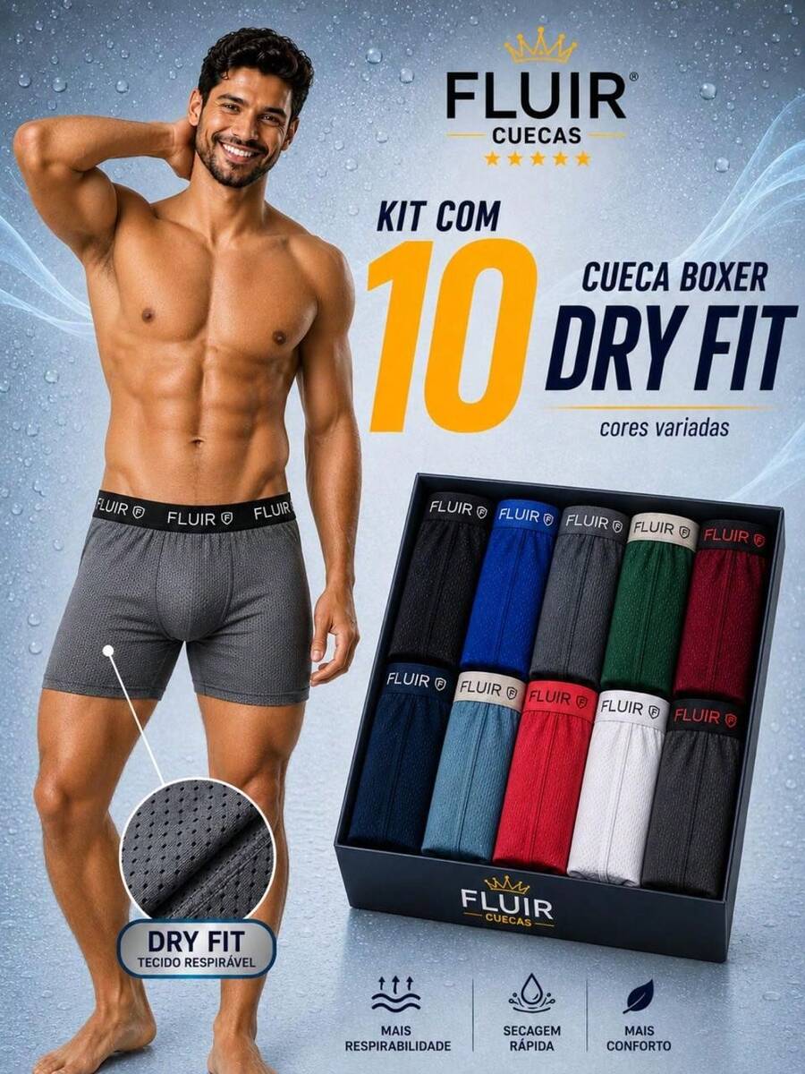 Kit com 10 Cuecas Boxer DRYFIT Lisa Box Masculino Adulto Forro 100% Algodão Conforto  Respirabilidade e Qualidade.