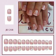 24pcs Cute Square Pink Short Artificial Nails, White Flower French Manicure Coffin Shaped Fake Nails For Women - Multicolor - View 3