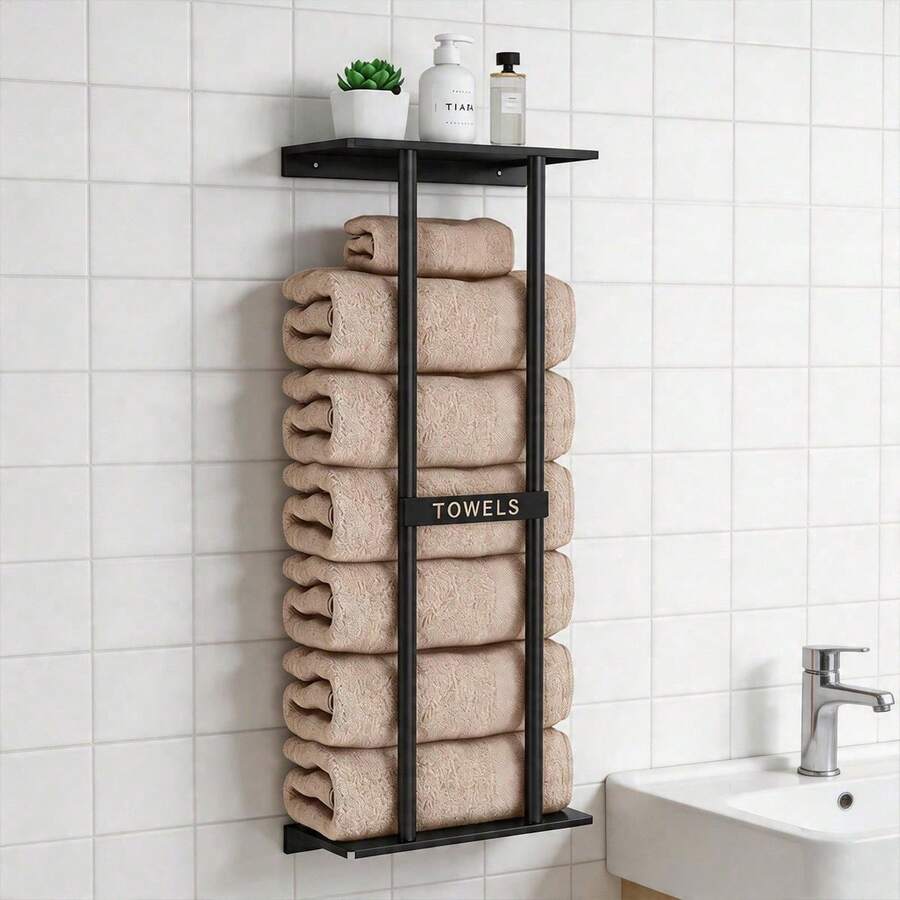 Wall Mounted Towel Rack With Shelf, 30-Inch Bathroom Towel Holder Holds 6 Rolled Large Towels, Space Saving Over-The-Toilet Towel Storage Organizer For Small Bathroom Apartment RV, Metal Hanging Rack With Top Shelf For Essentials, Easy Install - 黑色 - 查看 1