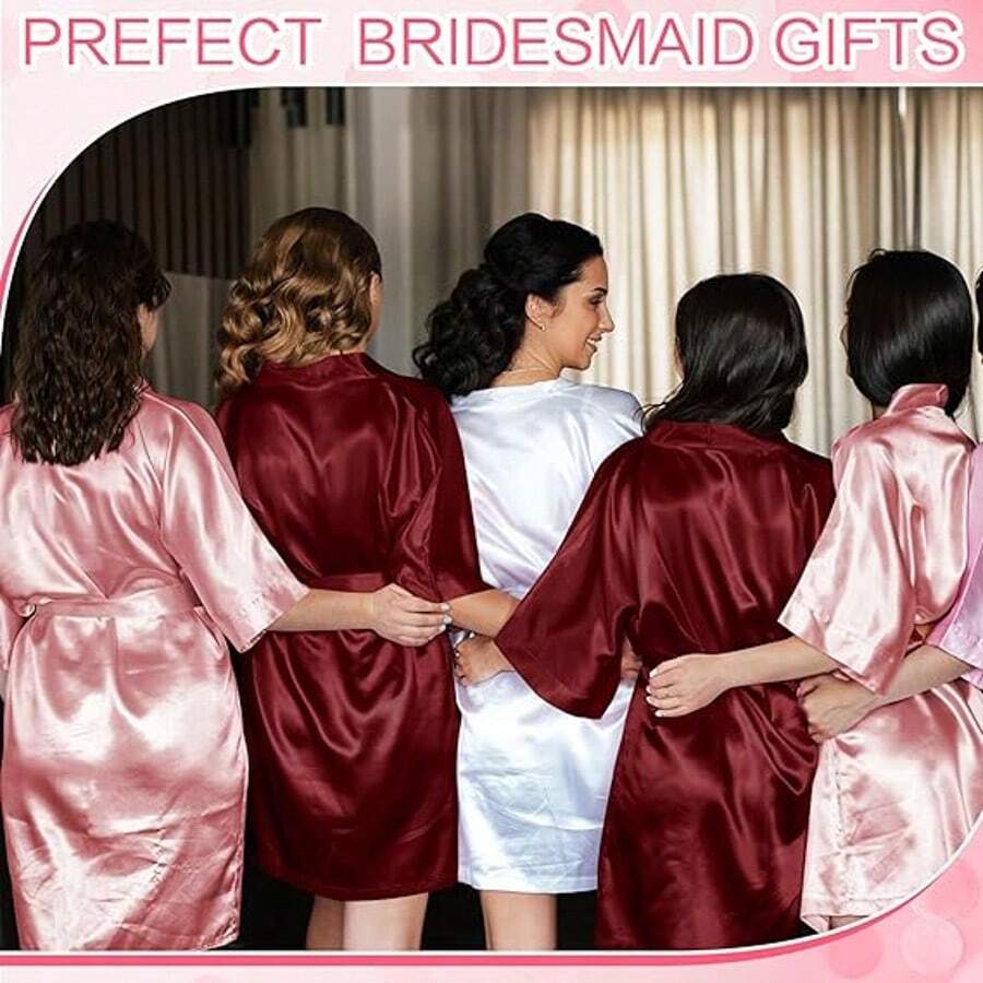 5 Pieces Bride Bridesmaids Robe Set Silky Bathrobe Bridal Shower Wedding Party,Weeding Season Short Dress Gown Initial Letter Robe, Morning Robe And Sleeping Robe - White and Red Combination - View 1