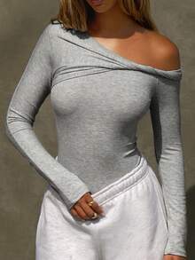 Women's Grey Long Sleeve Asymmetric Neckline Twisted Detail Knit T-Shirt, Ribbed Fabric Slim Fit Top, Suitable For Autumn, Commute, Daily, Office, Street, Home - Grey - View 4