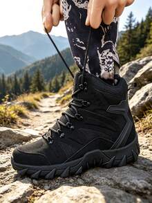 男士全地形吸震登山靴/戶外登山靴，採用繫帶式腳踝設計、防滑橡膠底與人體工學設計，適合露營、徒步、工作及長期使用 - 黑色 - 查看 5