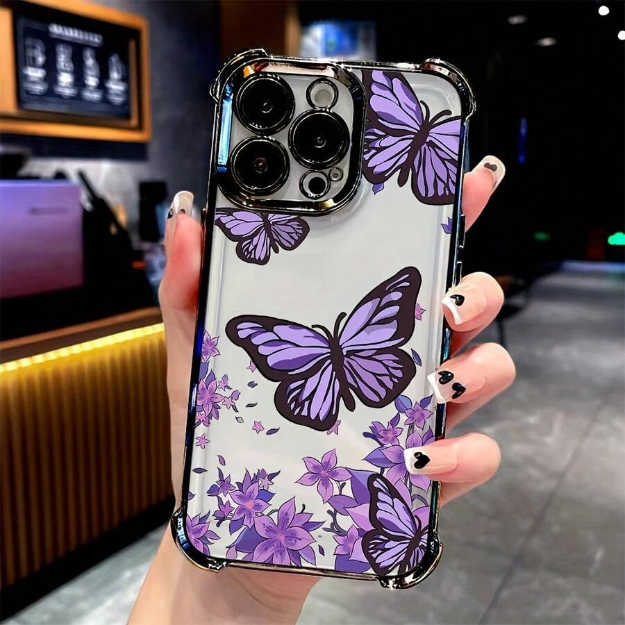 [24h Shipping from DE/FR/ES]Apple 17 16 15 promax  21 22 23 24 25 26 Ultra GalaxyHandyhülle - Eine transparente Handyhülle mit einem Design von violetten Schmetterlingen unter Blumen, verstärkt mit schwarzer galvanisierung an den Ecken, geeignet für iPhone X/11/12/13/14/15/16/17/Plus/Pro/Promax.Sie bietet Schutz vor Stürzen. - 1 Stück Bildfarbe - Übersicht 1