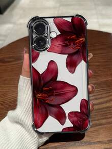 電鍍黑色四角防震手機殼，酒紅百合花紋，透明軟質全包覆 TPU 材質，適用於 iPhone 17 Pro、16e、16 Pro、15 Pro、14、13、12 和 11，簡約時尚防震軟殼，適合個人使用或送禮，可搭配多種手機顏色 - 黑色 - 查看 4
