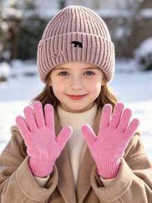 3pcs Autumn/Winter New Polar Bear Distressed Knit Hat & Gloves Set, Oversized Knit Beanie With Ear Flaps For Boy & Girls, Outdoor Outfit - Multicolor - View 3