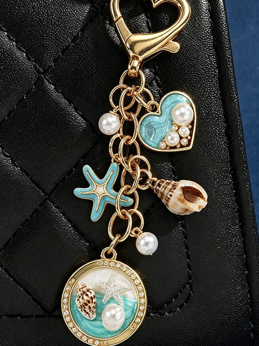 1Pc Ocean Keychain, Bag Charm, Shell Ornament, Heart Clasp Keyring, Alloy Pendant, Handbag Accessory, Coastal Decor, Travel Charm, Gift Ornament - Multicolor - View 1