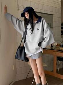 Women's Colorblock Half-Zip Long Sleeve Pocket Sweatshirt - Grey - View 3