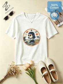 Retro Seaside Sunglasses For Girls, Pure Cotton Short Sleeve Summer Vacation Top With Badge Print - 白色 - 查看 2