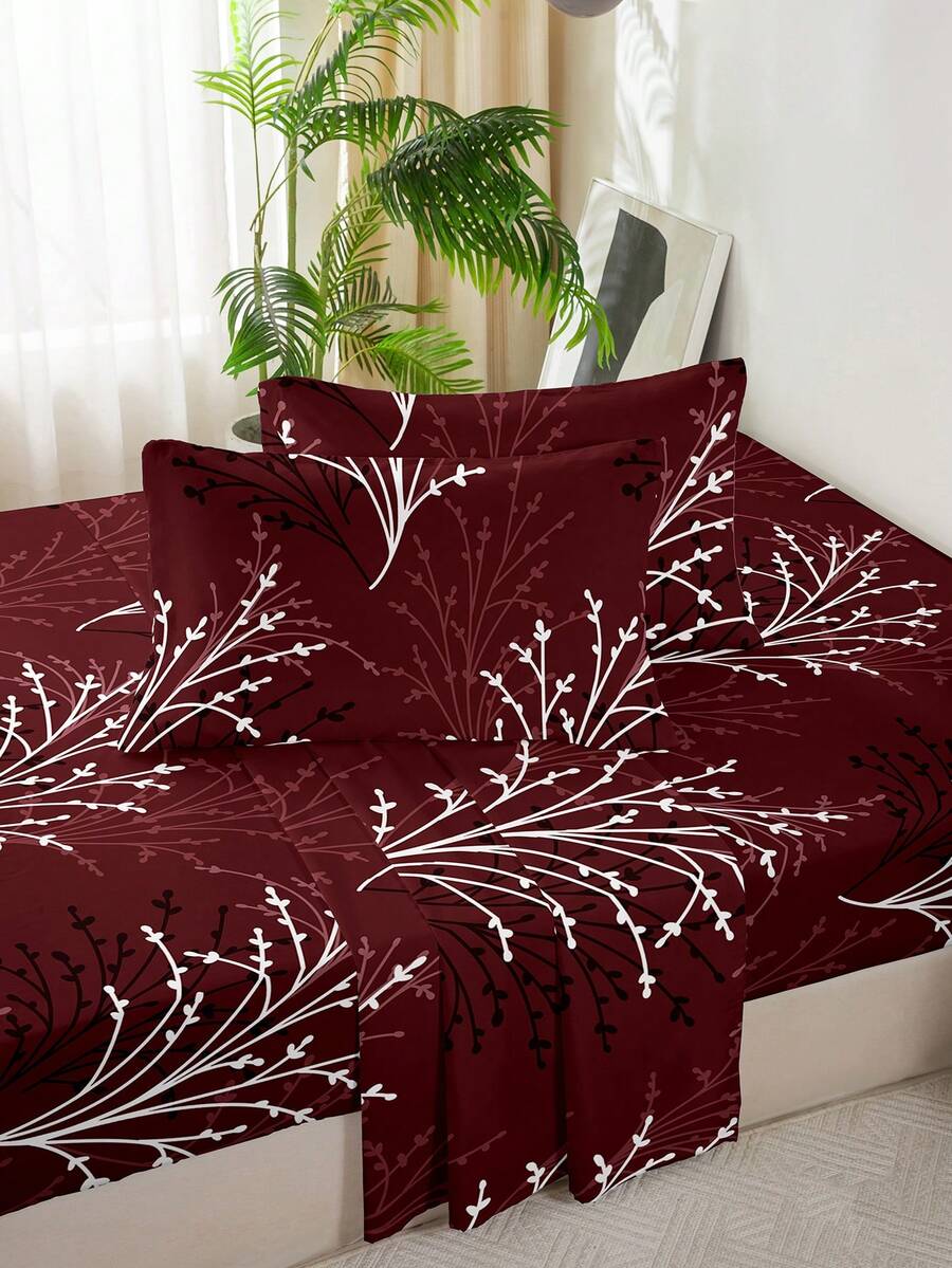 4Pcs Leaf Branch Print Sheet Set,1 Fitted Sheet,1 Flat Sheet & 2 Pillowcases,Soft Skin-Friendly Breathable Bedding Set,Comfortable Machine Washable Mattress Protector,Easy-Care All-Season Bedroom Decor For King Queen Full Twin Size Home Bedding Set - Multicolor - View 1