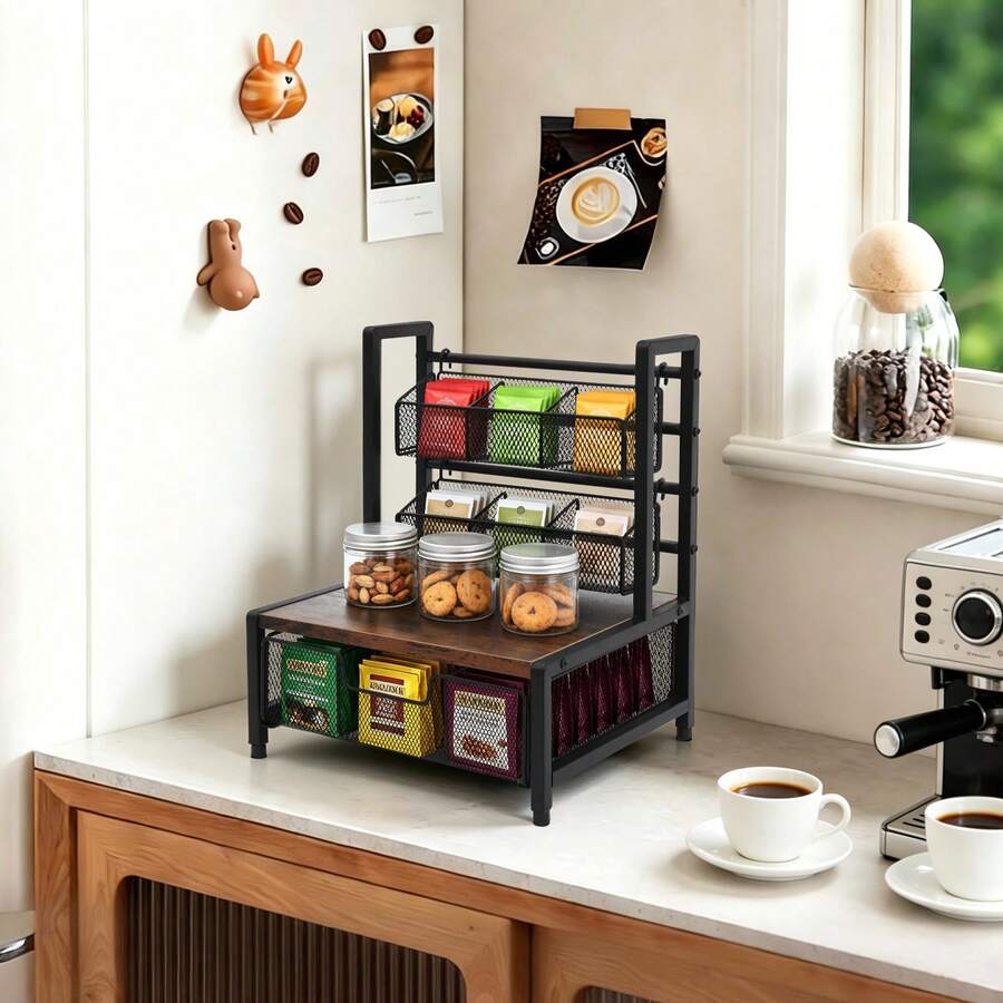 Tea Bag Organizer, Tea Bag Holder For The Kitchen, Countertop Teabag Organizer With Drawer Basket - Black + Vintage Brown - View 1