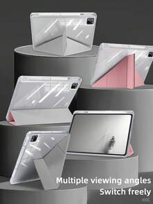 1件透明壓克力Y折豆沙粉平板保護殼，相容 iPad Mini6/7/Air/Air2/9.7/10.2/10.5/10.9 (Air4-Air8)/Pro 11/10th Gen/A16/Pro 11 2024，全透明壓克力背殼，絲綢紋理8折蓋，可調支架，自動休眠/喚醒，內置筆槽，不含筆，部分機型附相機框 - 豆沙粉 - 查看 8