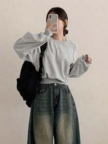 YCYC Spring/Autumn Solid Color Long Sleeve Off-Shoulder Pullover T-Shirt - Grey - View 3
