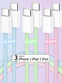 3入 3.3/6.6英呎 60W USB-C 轉 USB-C 編織彩色 Type-C 快充線，相容 iPhone 17/16/15/Pro/Max/Plus、Pro/Air、Galaxy、Android、筆記型電腦 - 彩色 - 查看 22